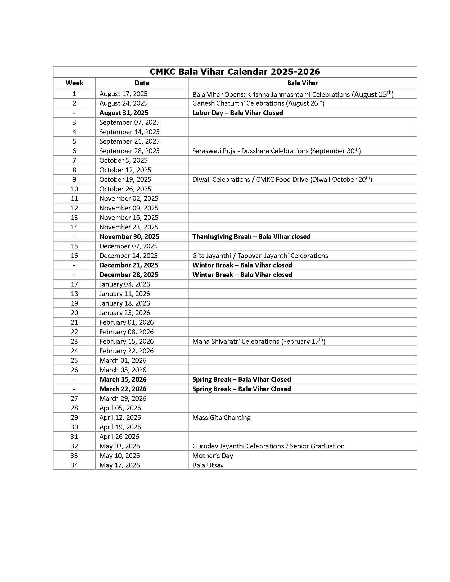 CMKC Calendar 2025 2026